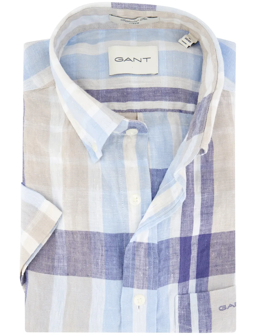 Gant overhemd korte mouw beige blauw geruit