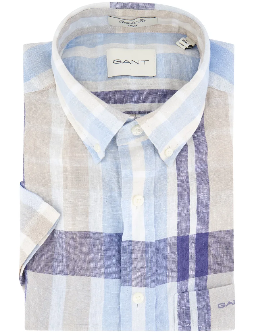 Gant overhemd korte mouw beige blauw geruit