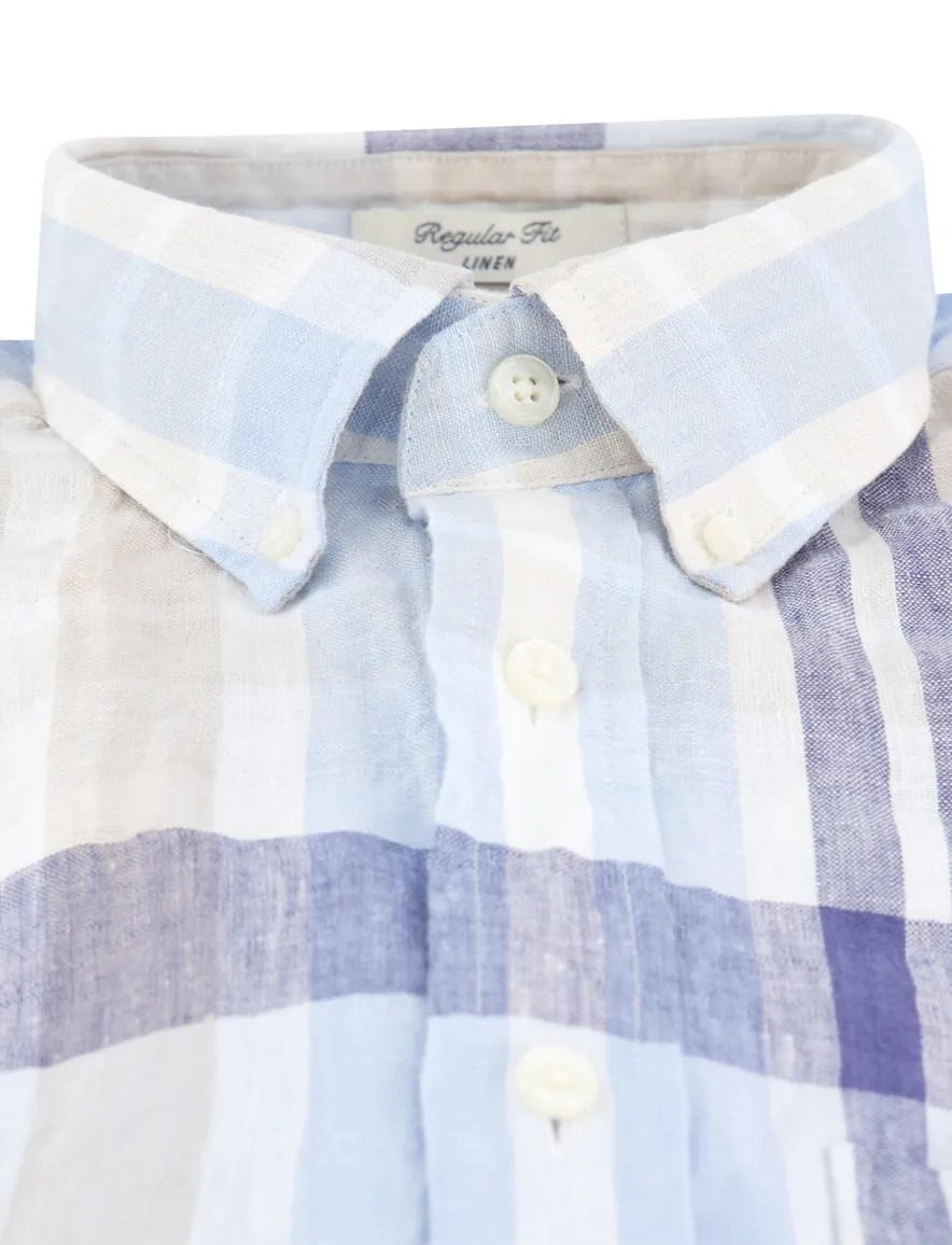 Gant overhemd korte mouw beige blauw geruit