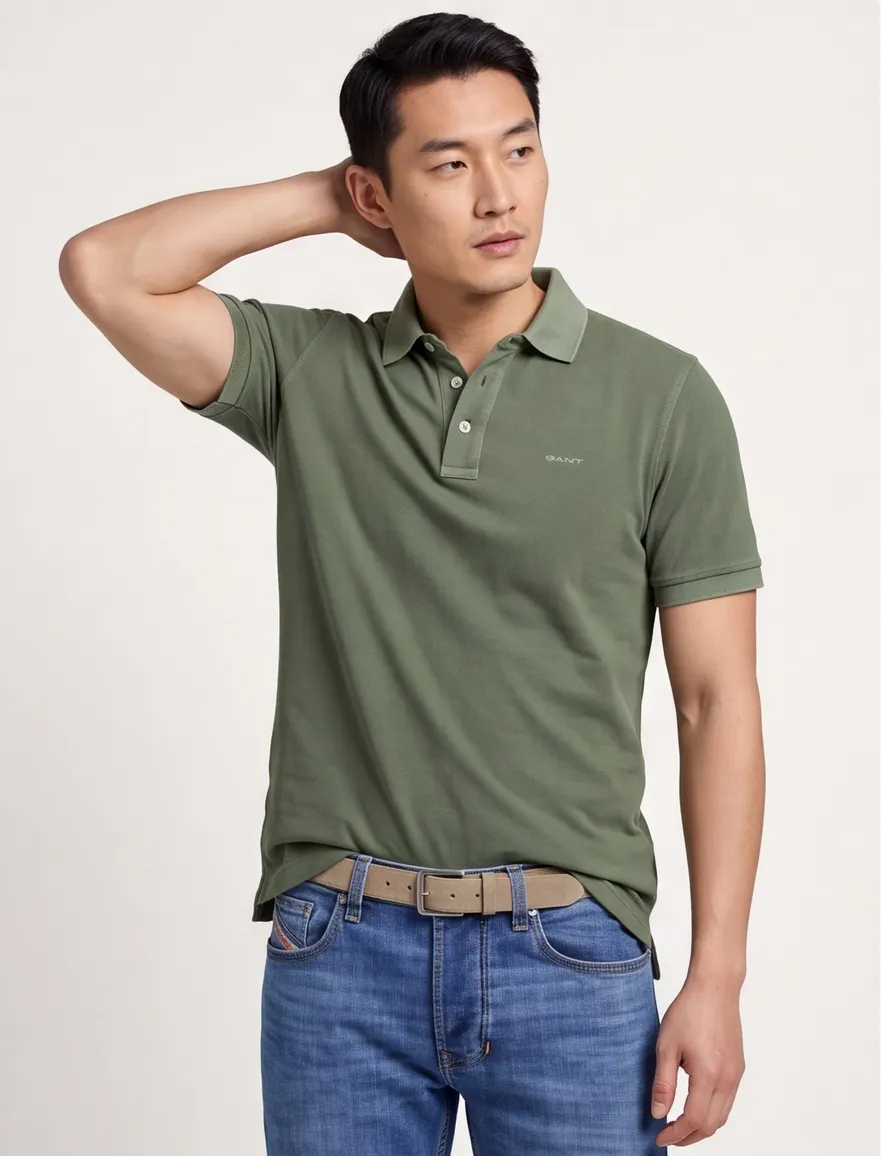 Gant polo groen effen 3 knoops Sunfaded SS korte mouw