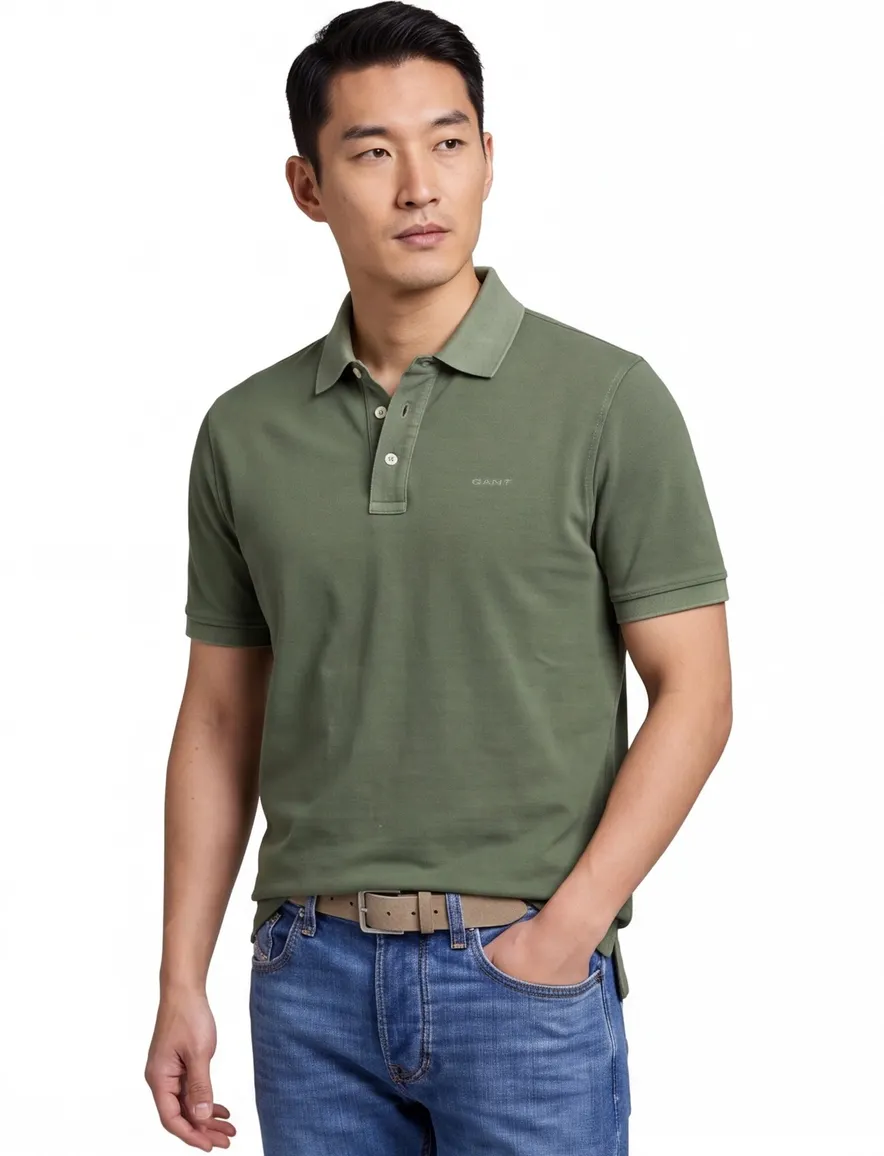 Gant polo groen effen 3 knoops Sunfaded SS korte mouw