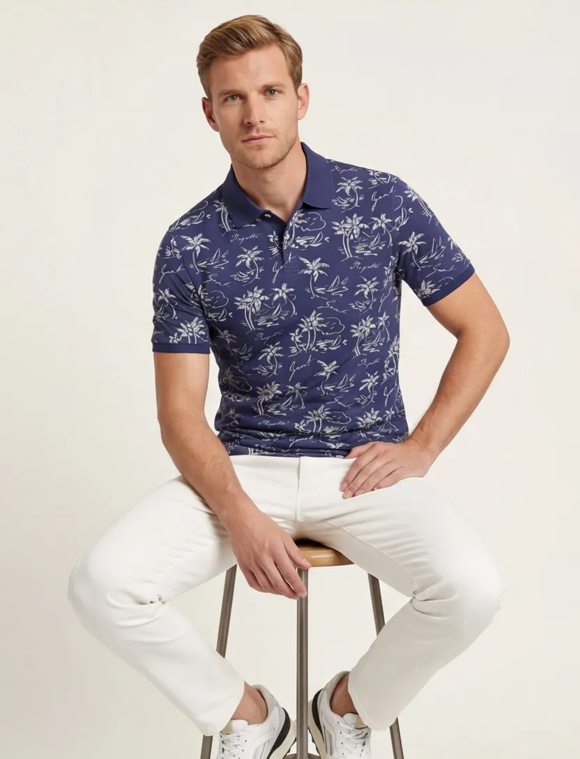 Gant polo donkerblauw geprint 2-knoops normale fit katoen