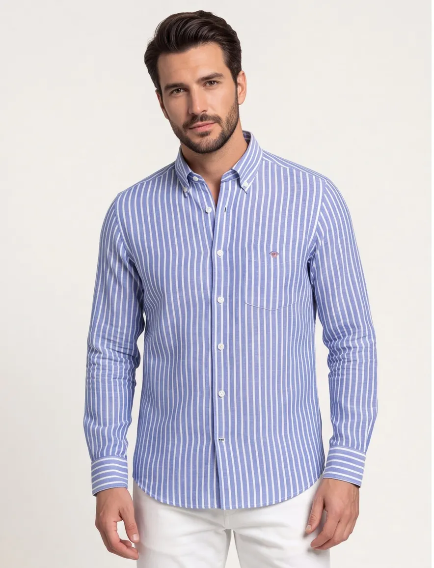 Gant overhemd linnen blauw gestreept