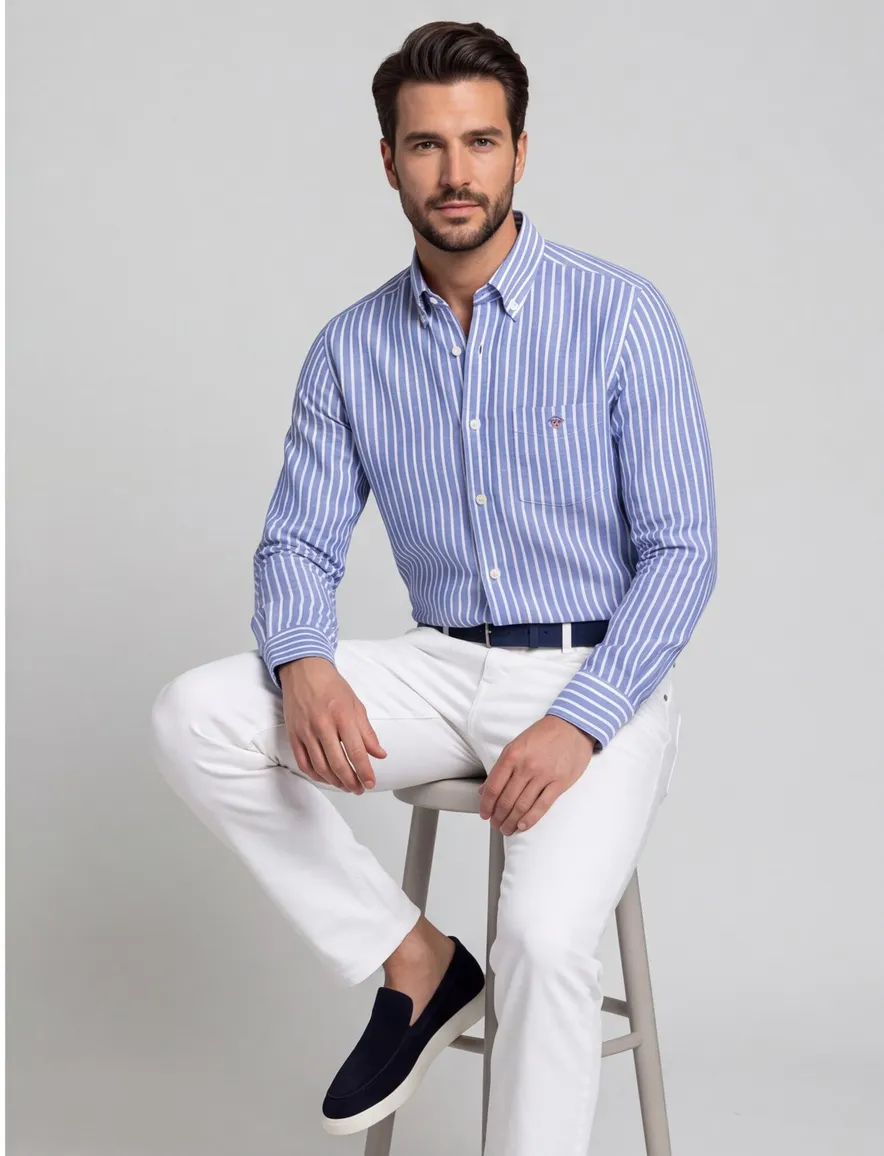 Gant overhemd linnen blauw gestreept