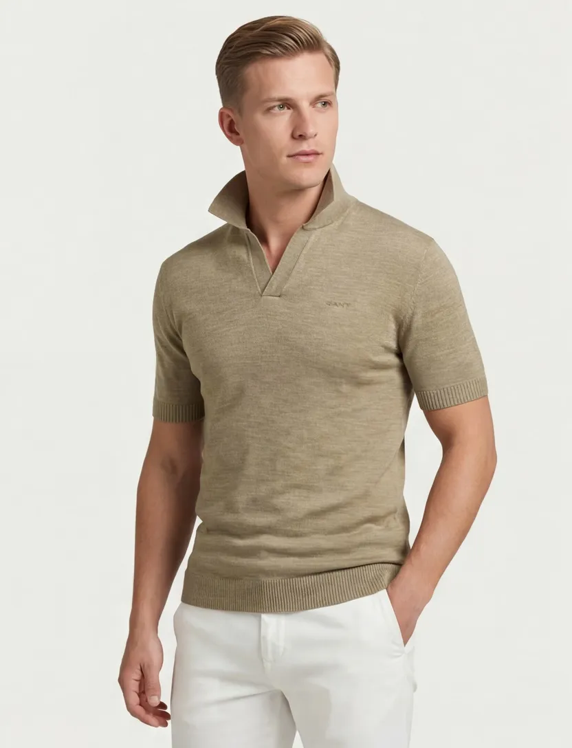 katoenen Gant polo beige effen met v-hals gemêleerd