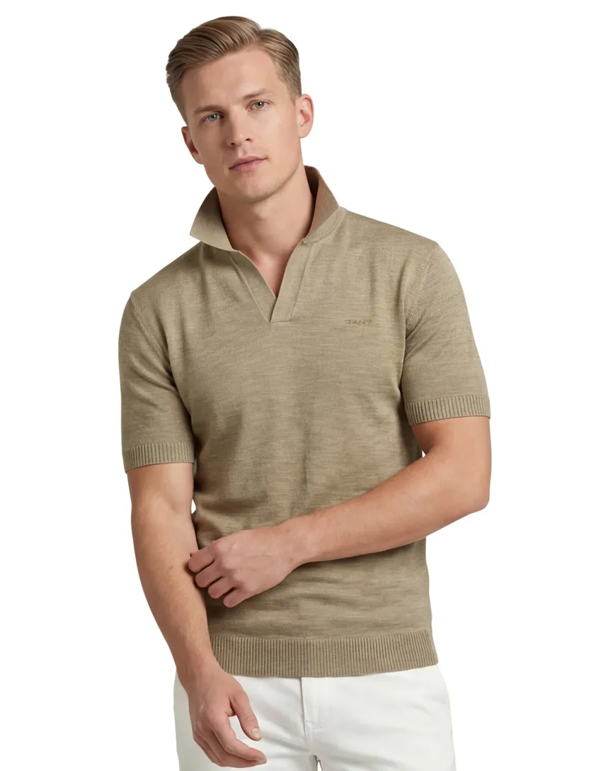 katoenen Gant polo beige effen met v-hals gemêleerd