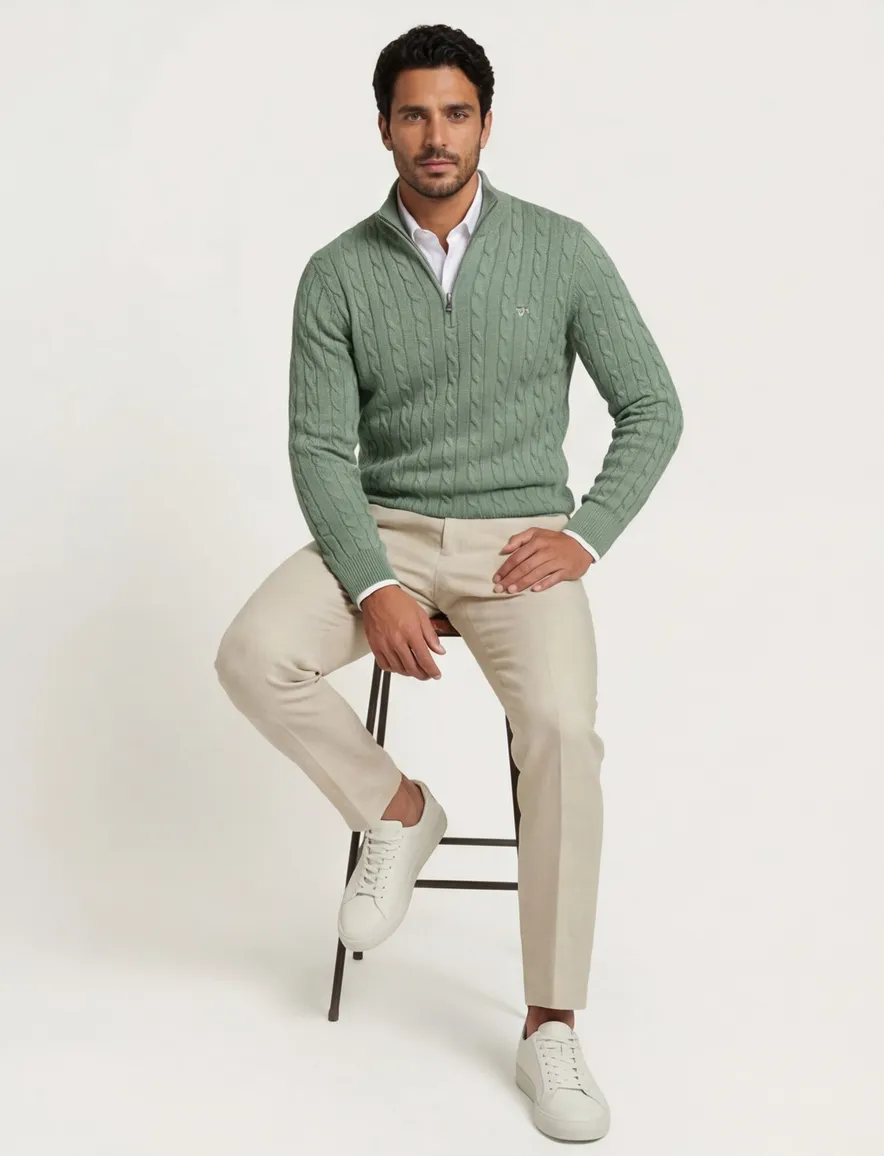 Gant gebreid half zip trui groen normale fit katoen