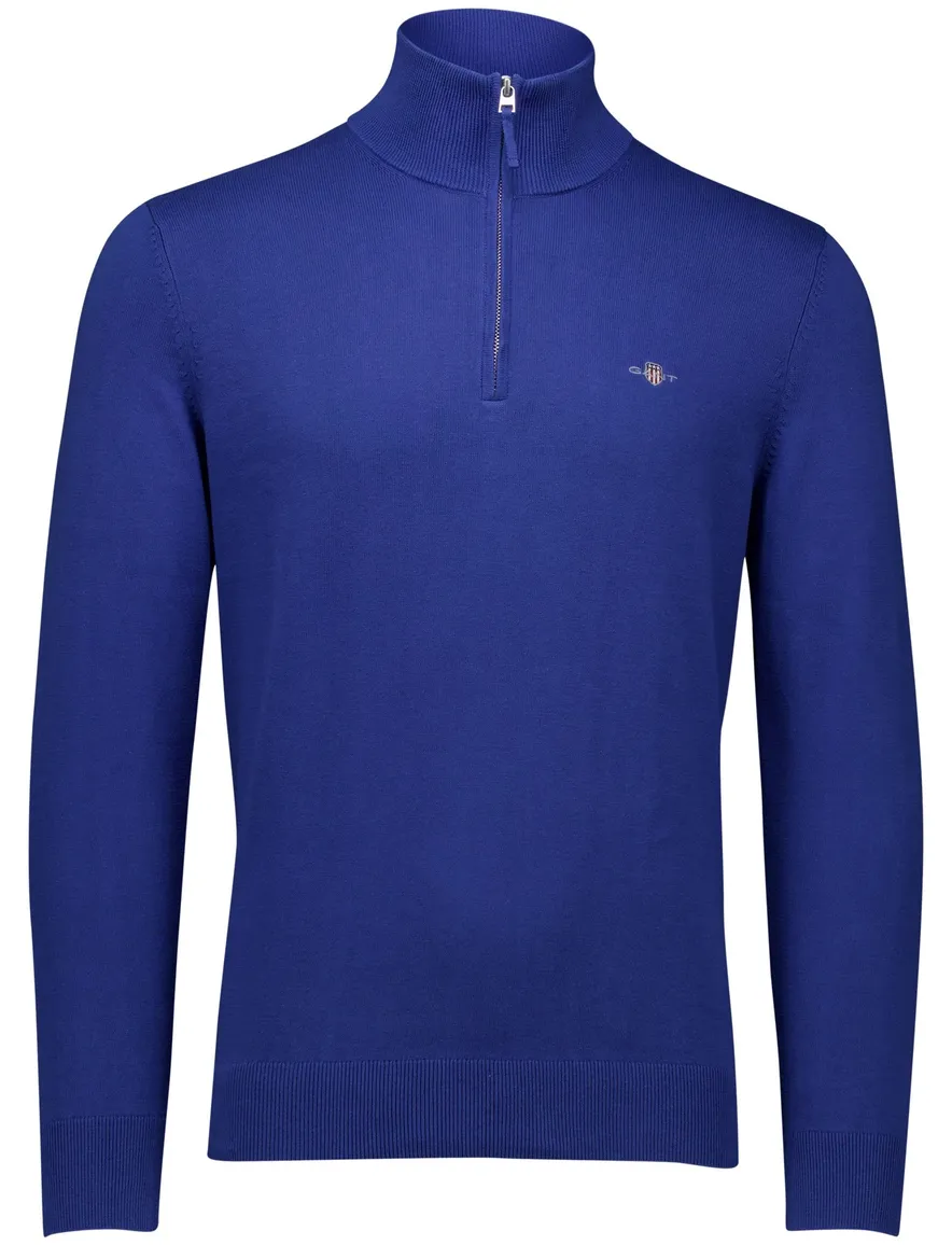 Gant half zip trui effen blauw normale fit katoen