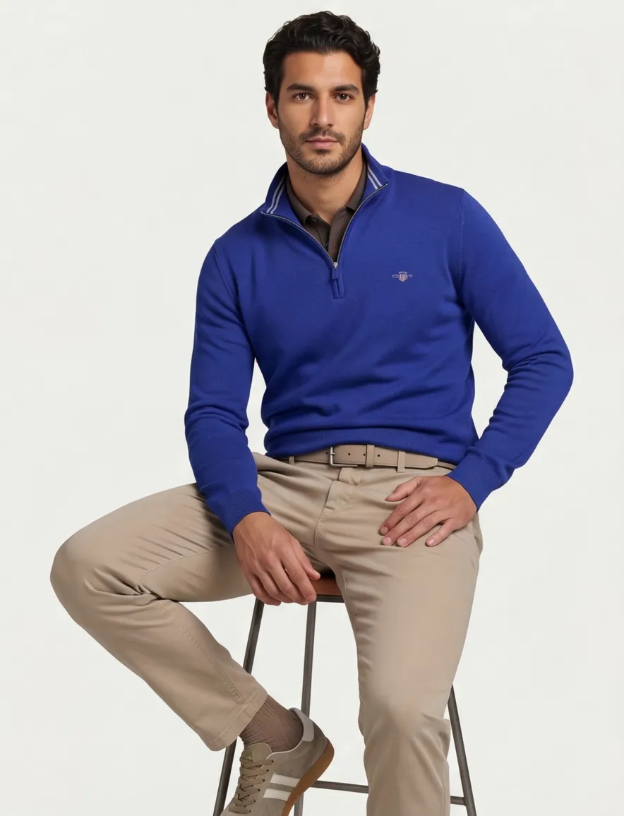 Gant half zip trui effen blauw normale fit katoen