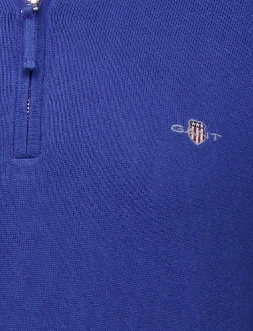 Gant half zip trui effen blauw normale fit katoen