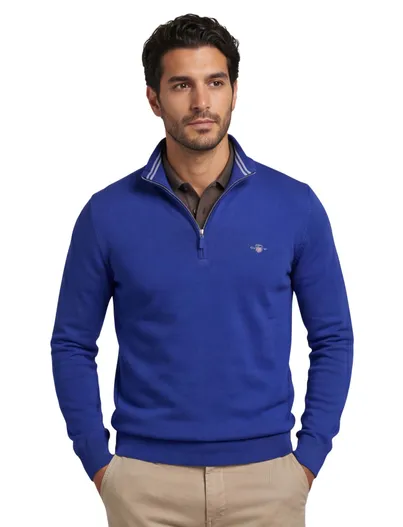 Gant Gant half zip trui effen blauw normale fit katoen