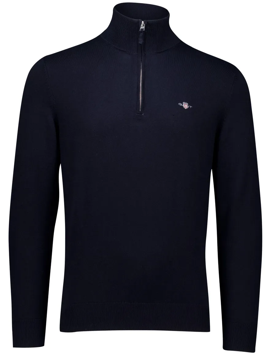 Gant trui half zip effen donkerblauw normale fit katoen