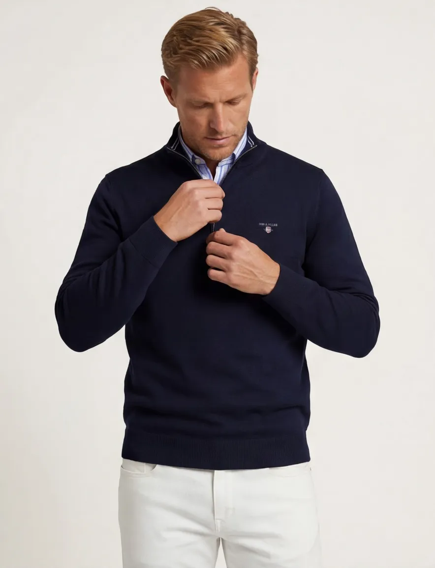Gant trui half zip effen donkerblauw normale fit katoen