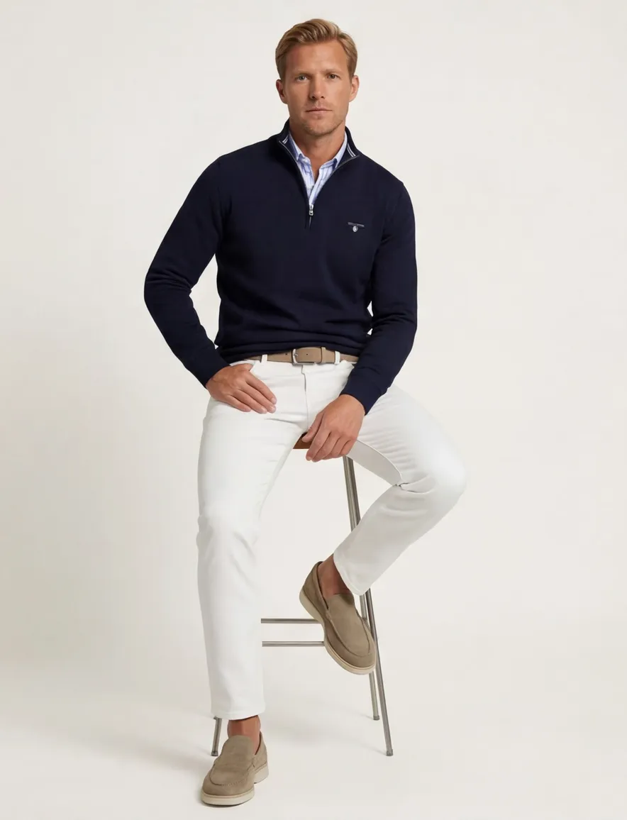 Gant trui half zip effen donkerblauw normale fit katoen