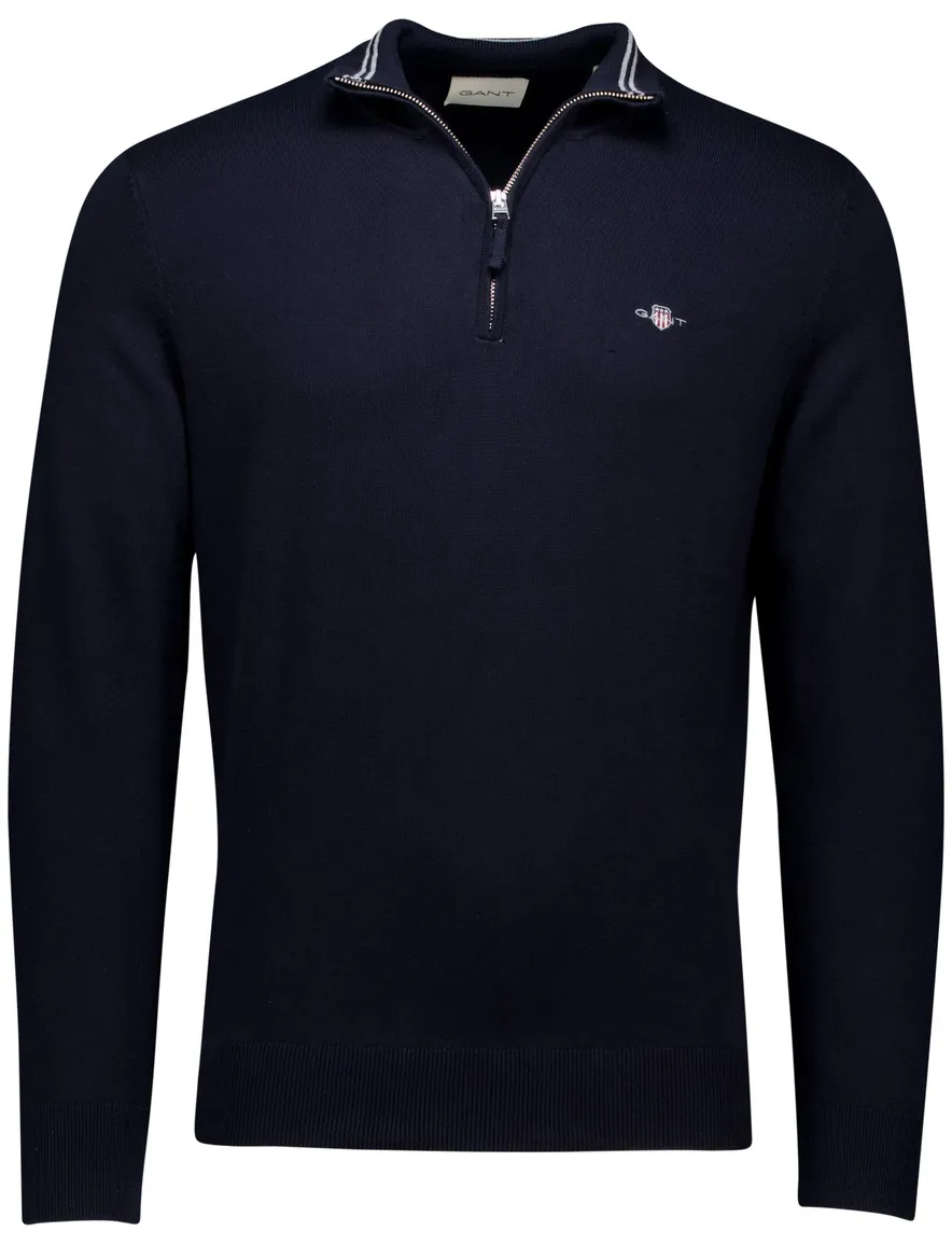 Gant trui half zip effen donkerblauw normale fit katoen