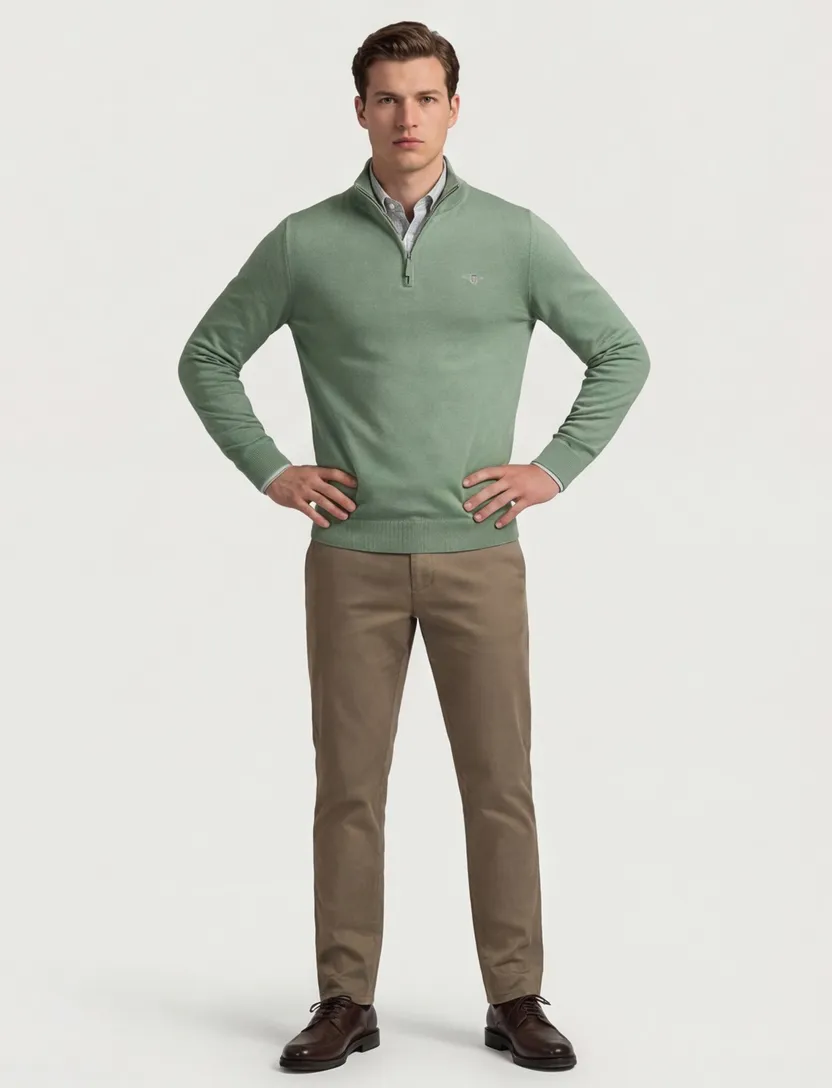 katoenen trui Gant half zip trui effen groen normale fit