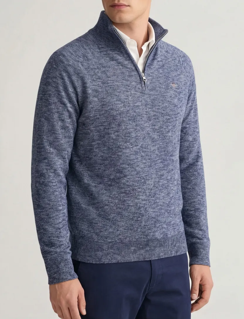 Gant trui half zip blauw gemeleerd katoen normale fit