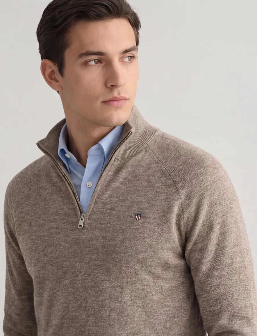 Gant katoenen half zip trui bruin gemeleerd normale fit