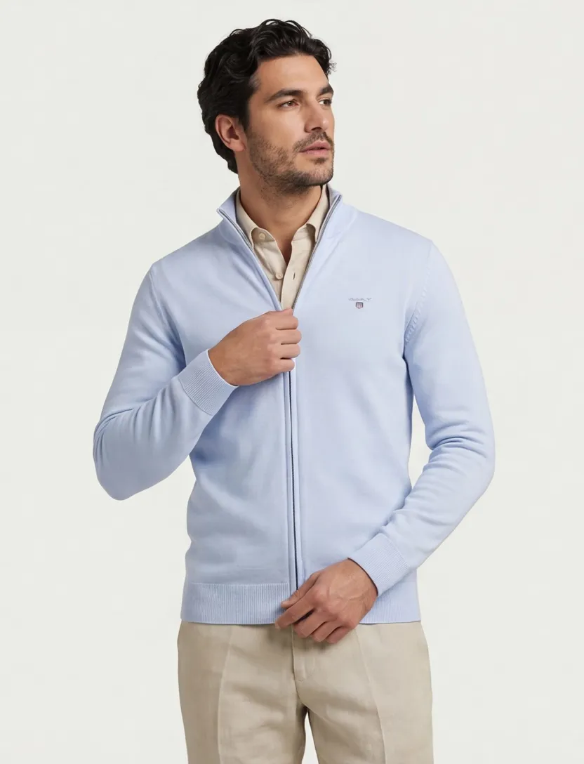 katoenen Gant vest effen lichtblauw normale fit