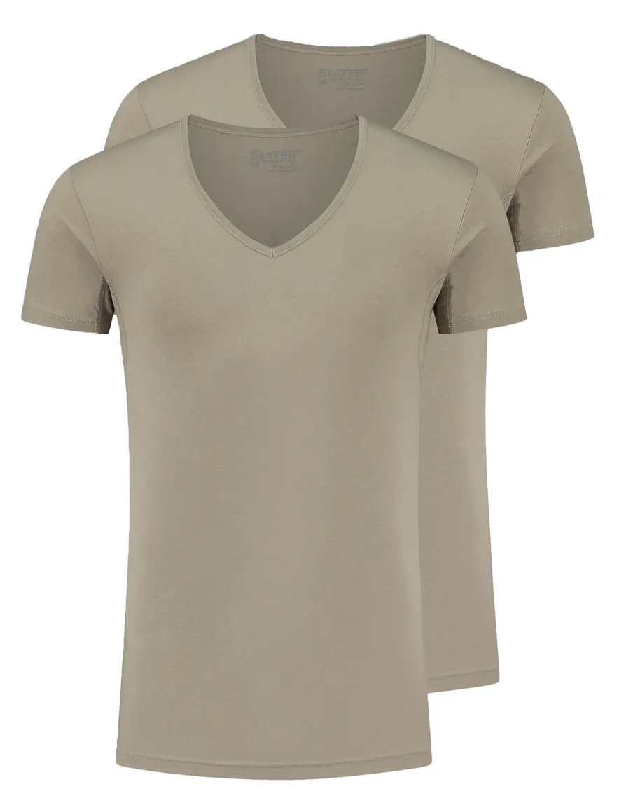 Slater t-shirt effen khaki Tencel 2-pack