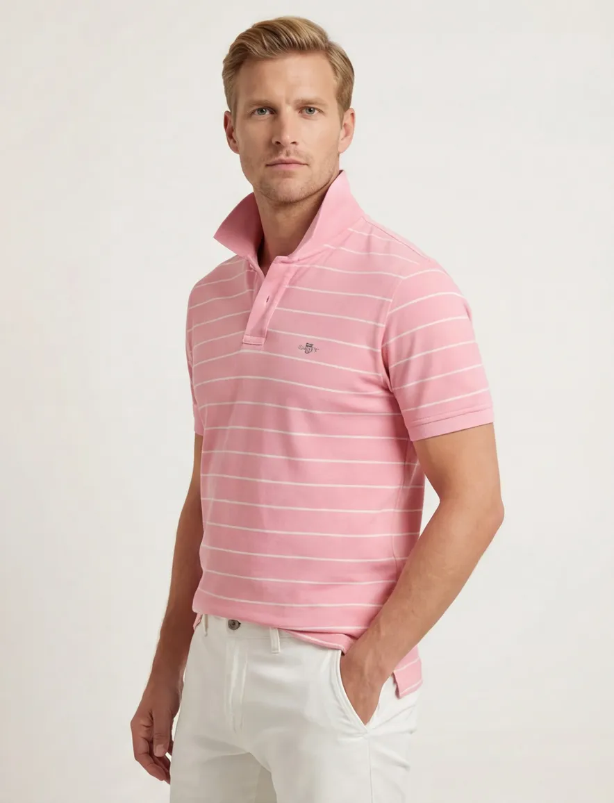 Gant polo roze en creme gestreept katoen pique
