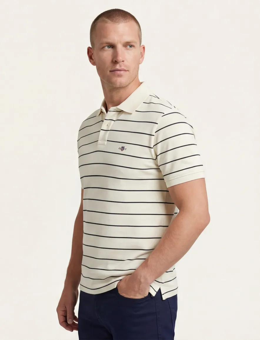 Gant polo creme zwart gestreept katoen pique
