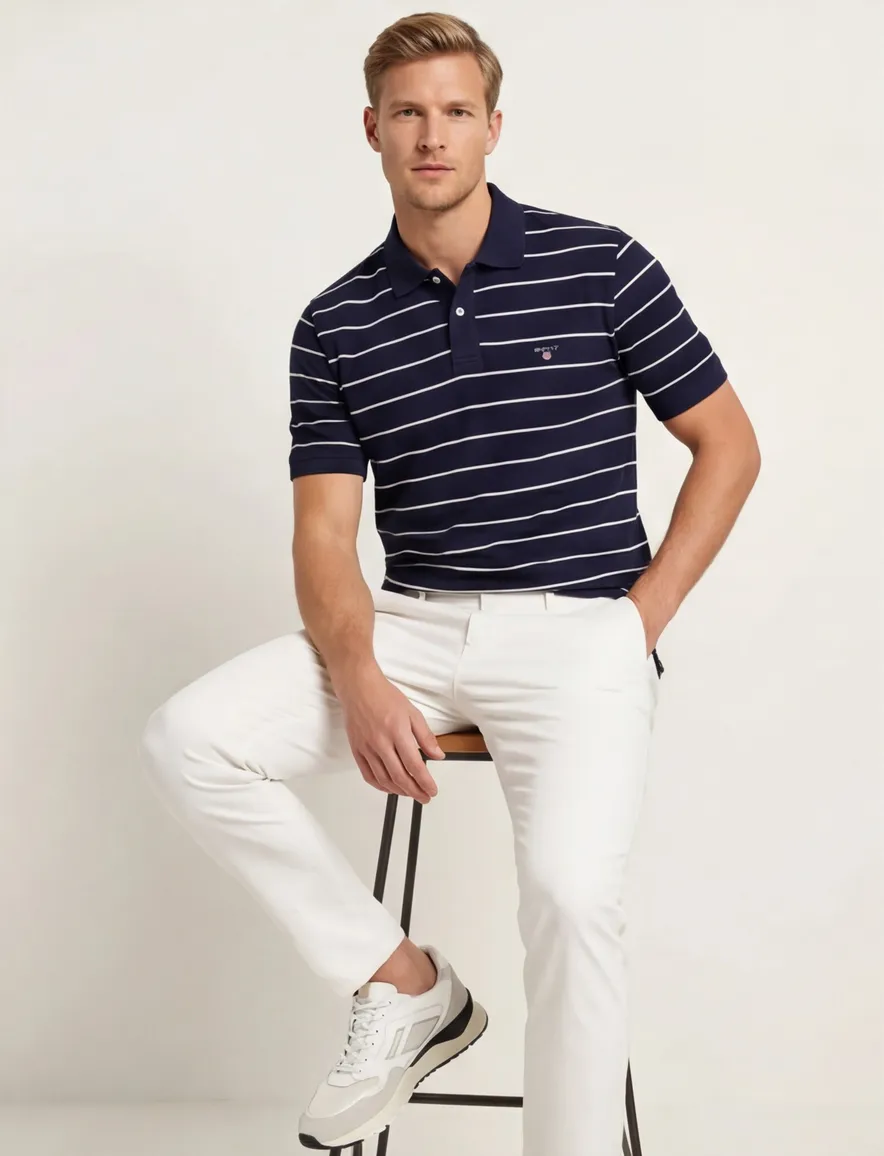 Gant polo donkerblauw gestreept katoen