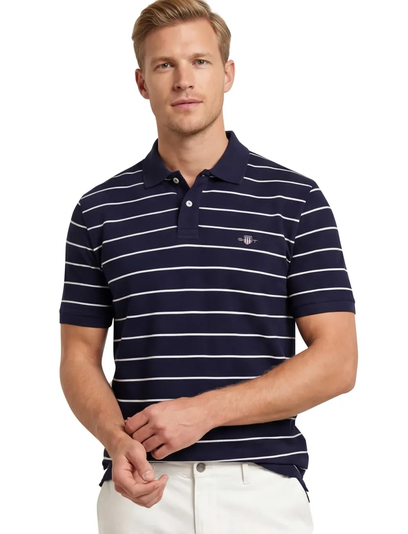Gant polo donkerblauw gestreept katoen