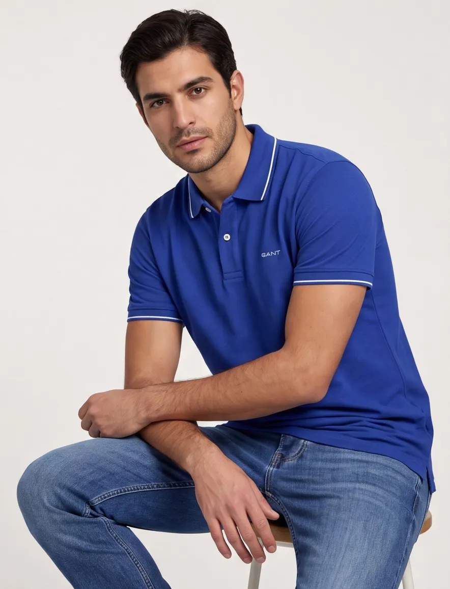 Gant polo blauw pique korte mouw