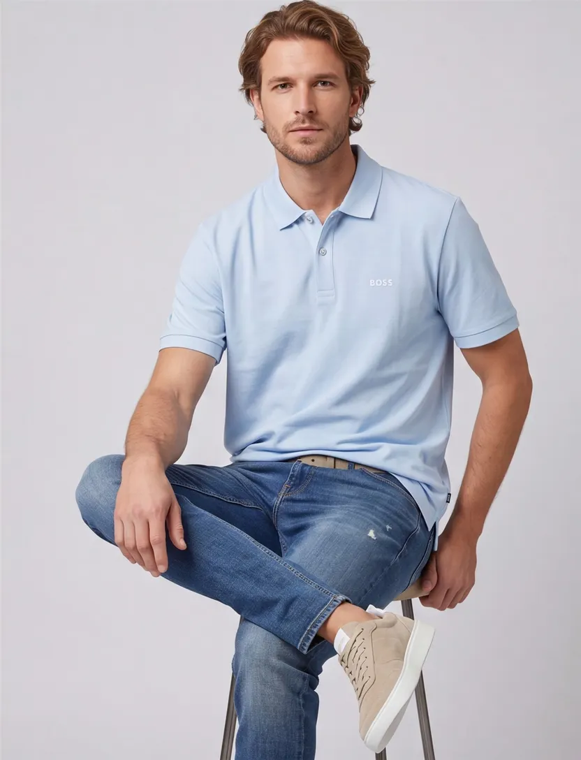 BOSS Black poloshirt lichtblauw v-hals