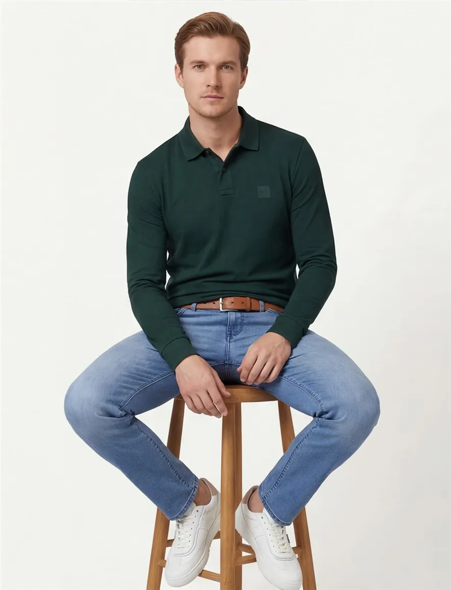 Hugo Boss Passerby polo lange mouwen slim fit donkergroen