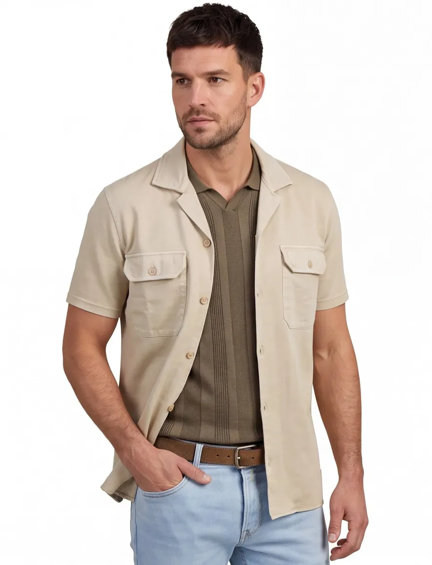 Butcher of Blue Mikey overshirt korte mouw beige