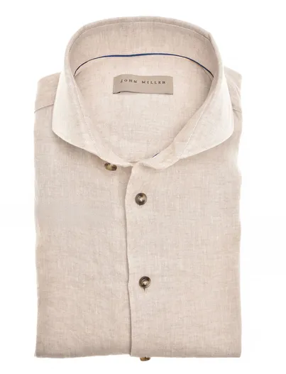 John Miller John Miller linnen overhemd beige tailored fit cutaway boord