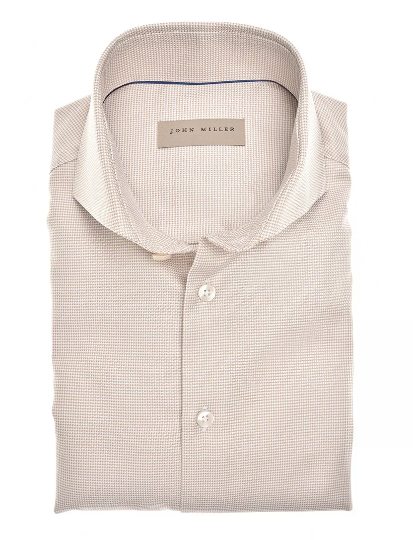 John Miller overhemd beige geprint Tailored Fit strijkvrij