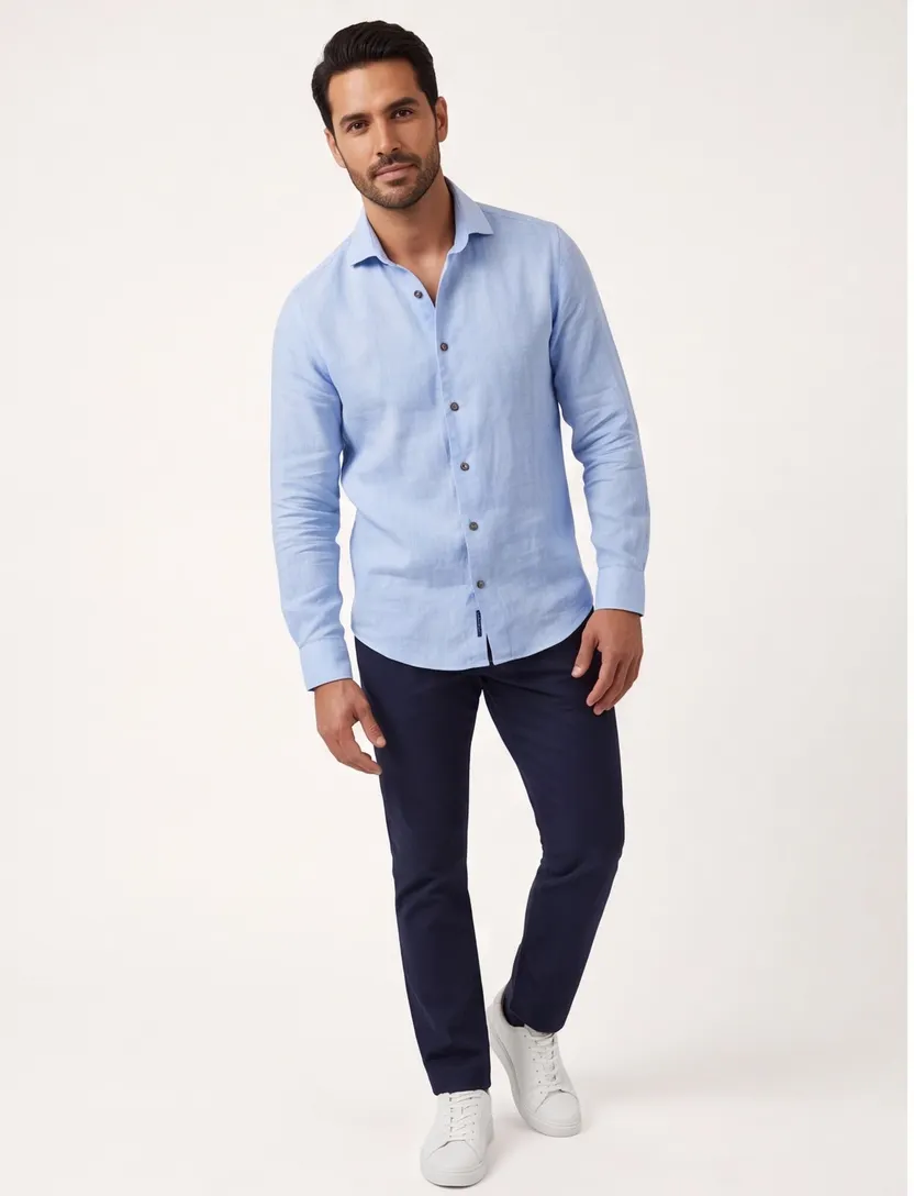 Linnen overhemd John Miller Tailored Fit lichtblauw