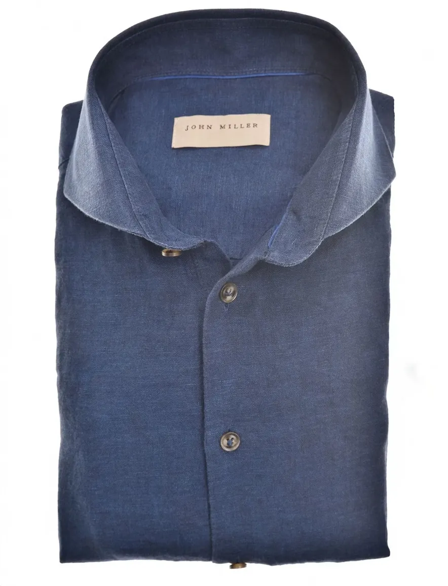 John Miller Tailored Fit business overhemd donkerblauw linnen