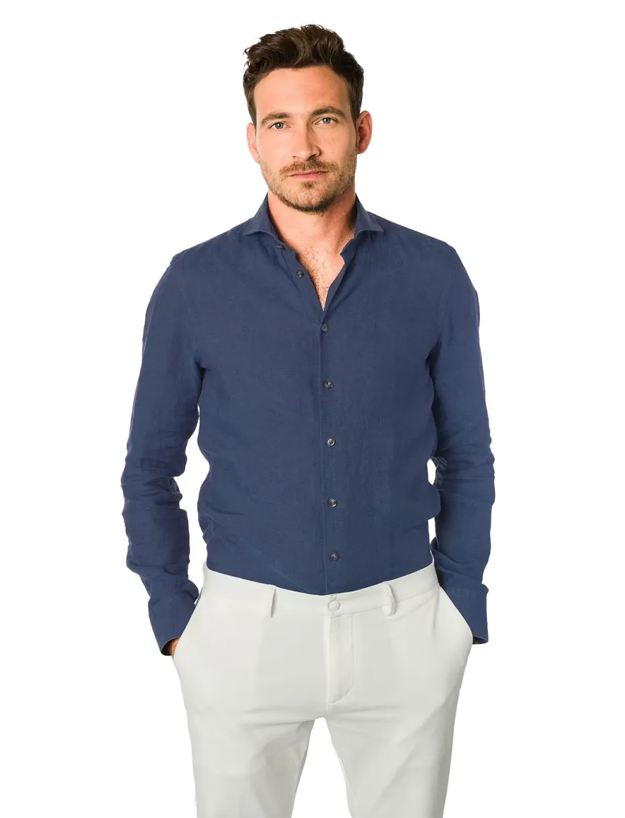 John Miller Tailored Fit business overhemd donkerblauw linnen