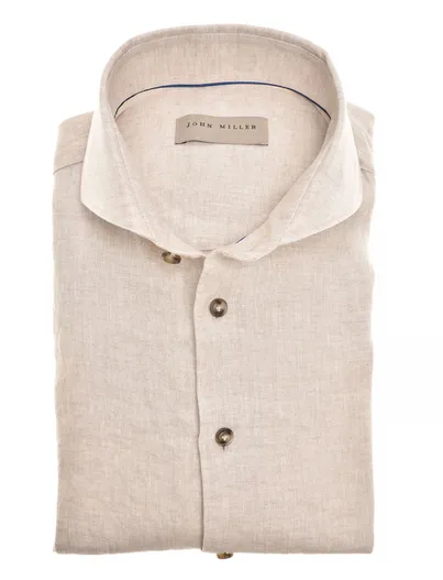 John Miller John Miller overhemd beige linnen Tailored Fit cutaway boord