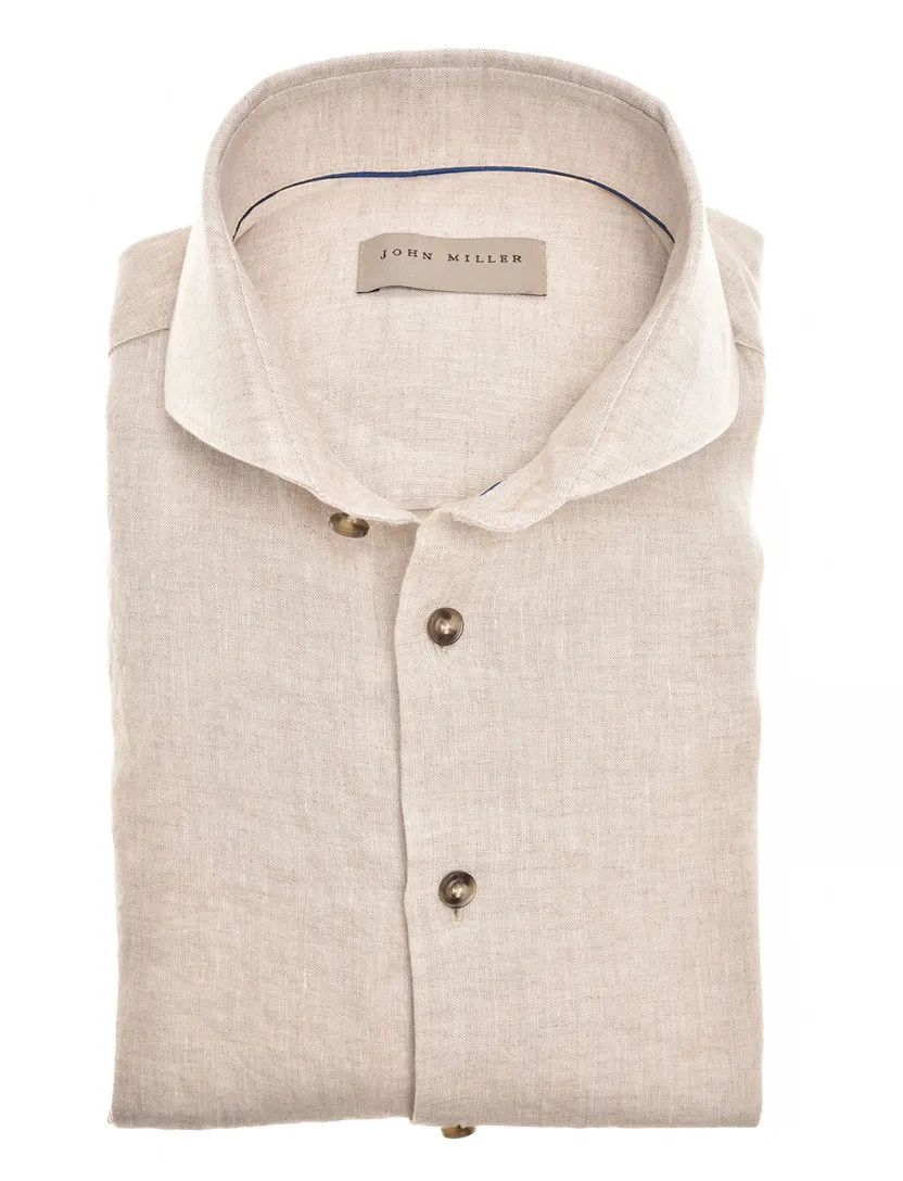 John Miller overhemd beige linnen Tailored Fit cutaway boord