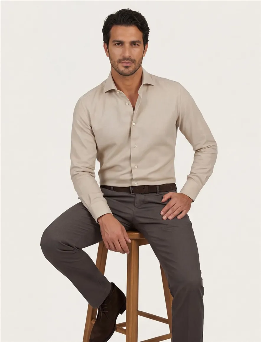 John Miller overhemd beige tailored fit