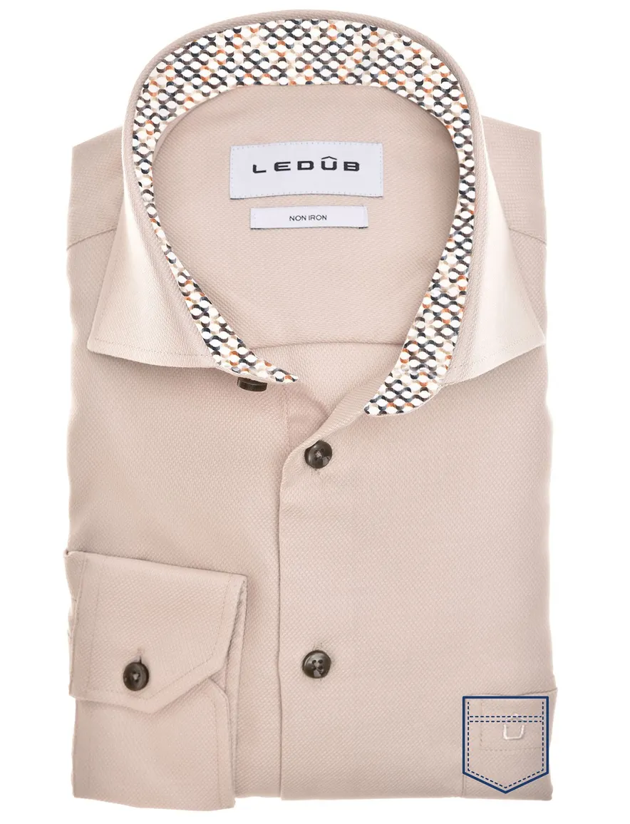 Ledub overhemd effen beige Modern Fit mouwlengte 7