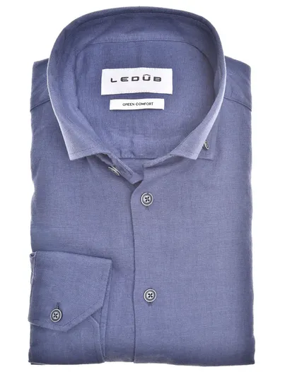 Ledub Ledub overhemd effen blauw normale fit linnen mouwlengte 7