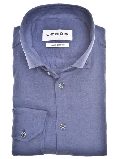 Ledub Ledub overhemd effen donkerblauw normale fit linnen