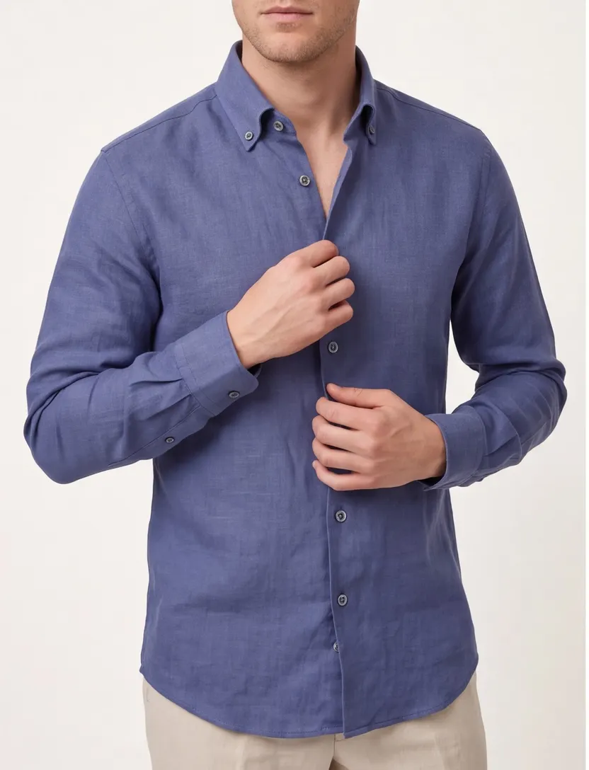 normale fit Ledub overhemd effen donkerblauw linnen