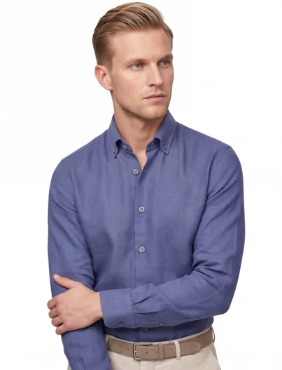 Ledub normale fit Ledub overhemd effen donkerblauw linnen