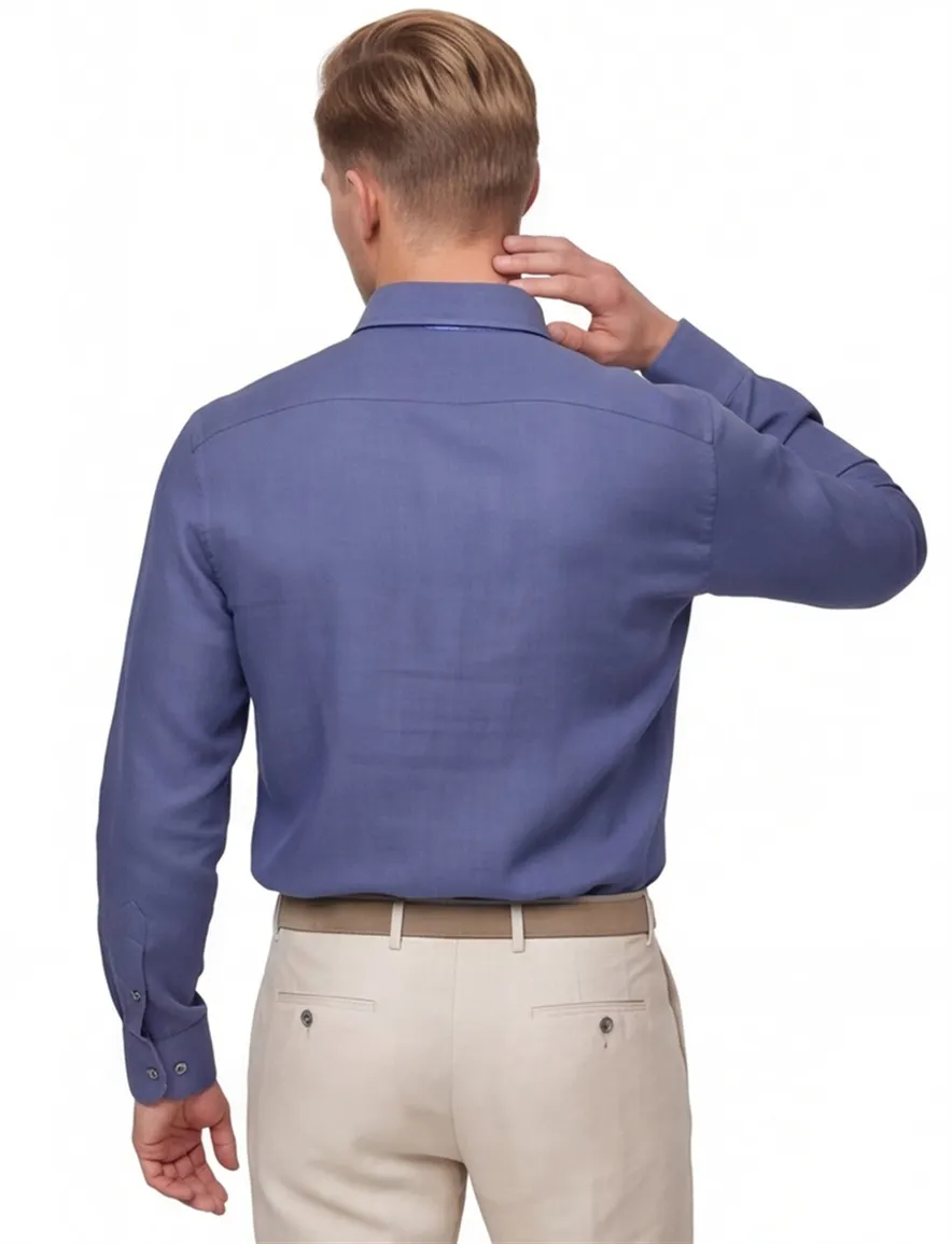 Ledub overhemd effen donkerblauw normale fit linnen