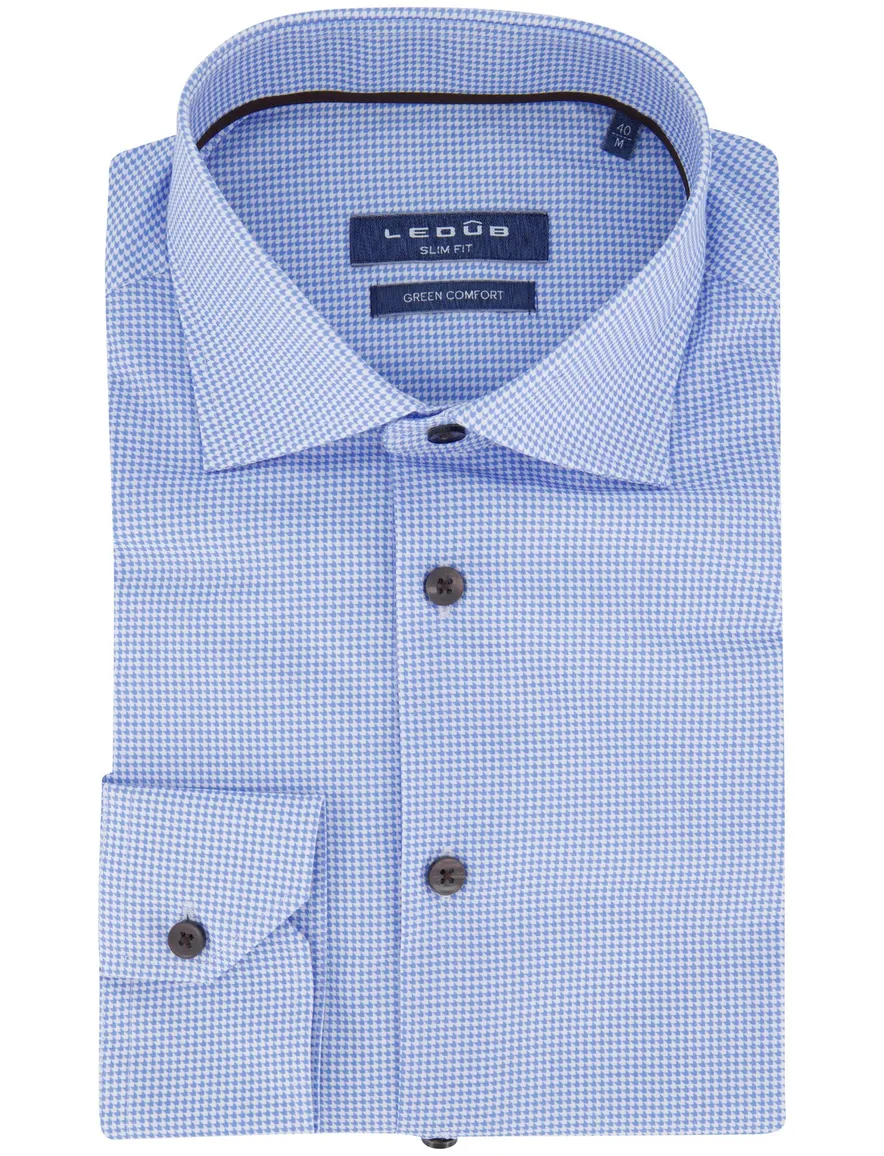 Ledub Green Comfort overhemd blauw geprint Slim Fit