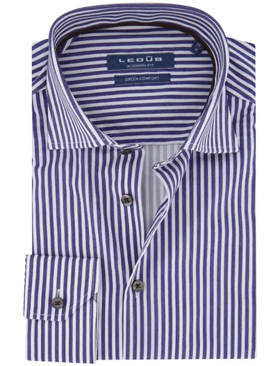 Ledub Ledub overhemd donkerblauw gestreept donkerbruine knoop