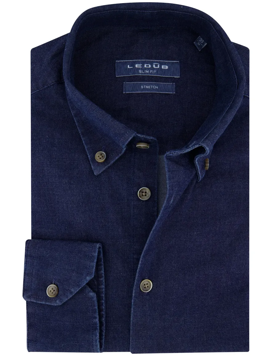 Ledub overhemd donkerblauw stretch denim lange mouw