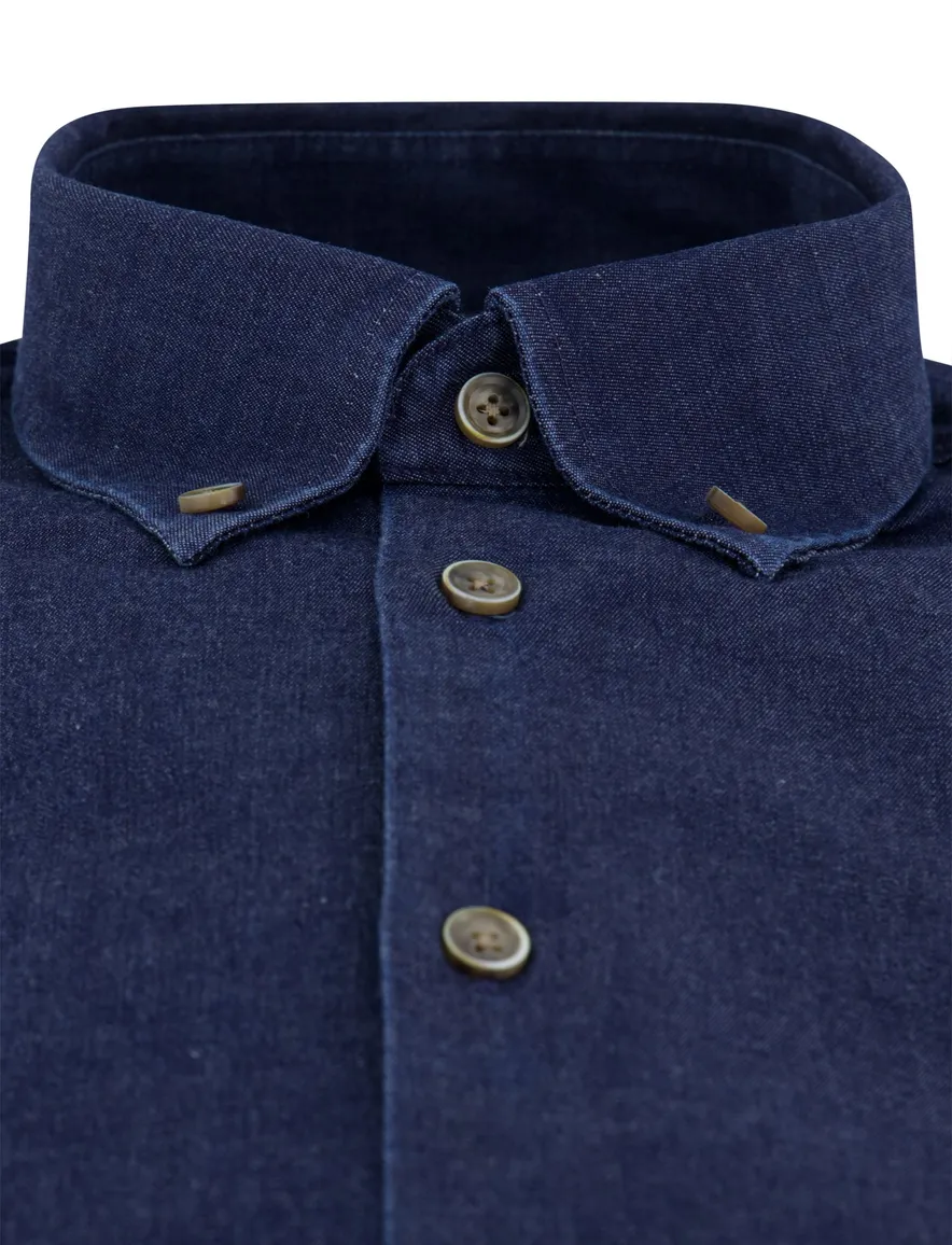 Ledub overhemd donkerblauw stretch denim lange mouw